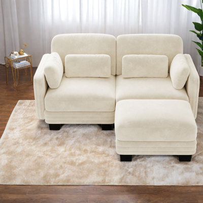 Canapés d'angle à compression, causeuse modulaire deux places en chenille beige, intérieur moderne