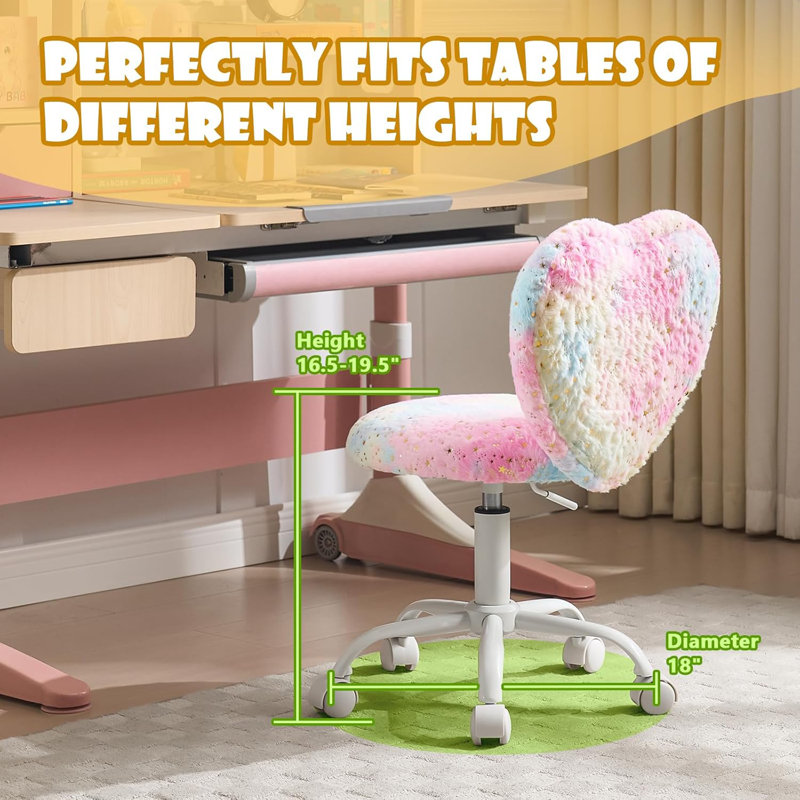 Heart Kids Desk Chair Adjustable Comfy Swivel Computer Chair Vanity Chair for Girls Bedroom Study, Fluffy Kids Office Chair for Reading ,Pink
