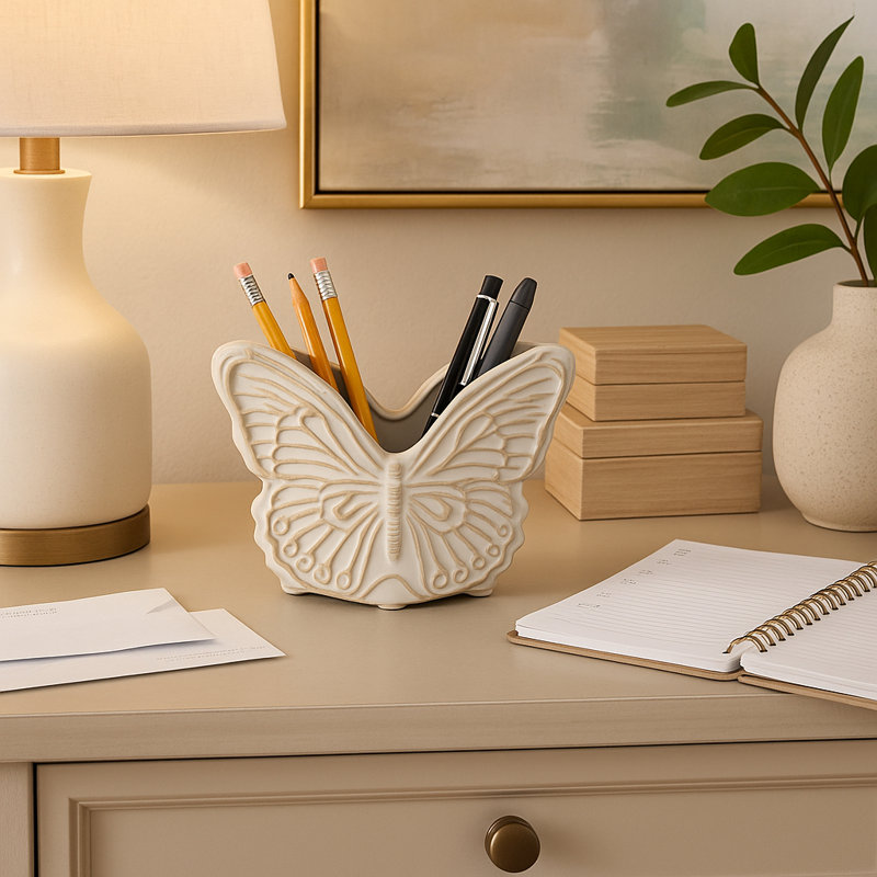 Organisateur de bureau décoratif papillon pour le rangement dans la chambre à coucher - Accessoire de bureau polyvalent pour la cuisine, la salle de bain ou la décoration intérieure élégante - 5,5 po, blanc