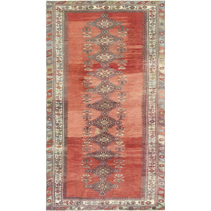 Tapis unique en laine noué à la main des années 1960 de 5 pi 3 po x 9 pi 4 po en rouge / brun / gris / ivoire