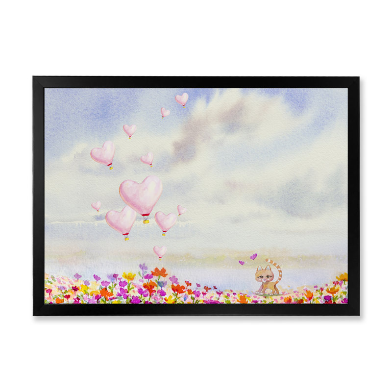 Adorable chat jouant avec un cœur rose - impression sur toile flottante, Cadre noir, H 8 po x l 12 po x P 1 po