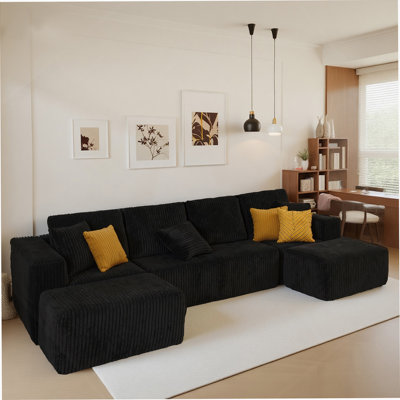 Modular U-Shaped Sectional Sofa, 132-Inch 4-Seater Chaise Lounge With Reversible Design, Striped Corduroy Fabric In Black – Customizable Living Room Or Bedroom Couch, Freely Configurable Layout