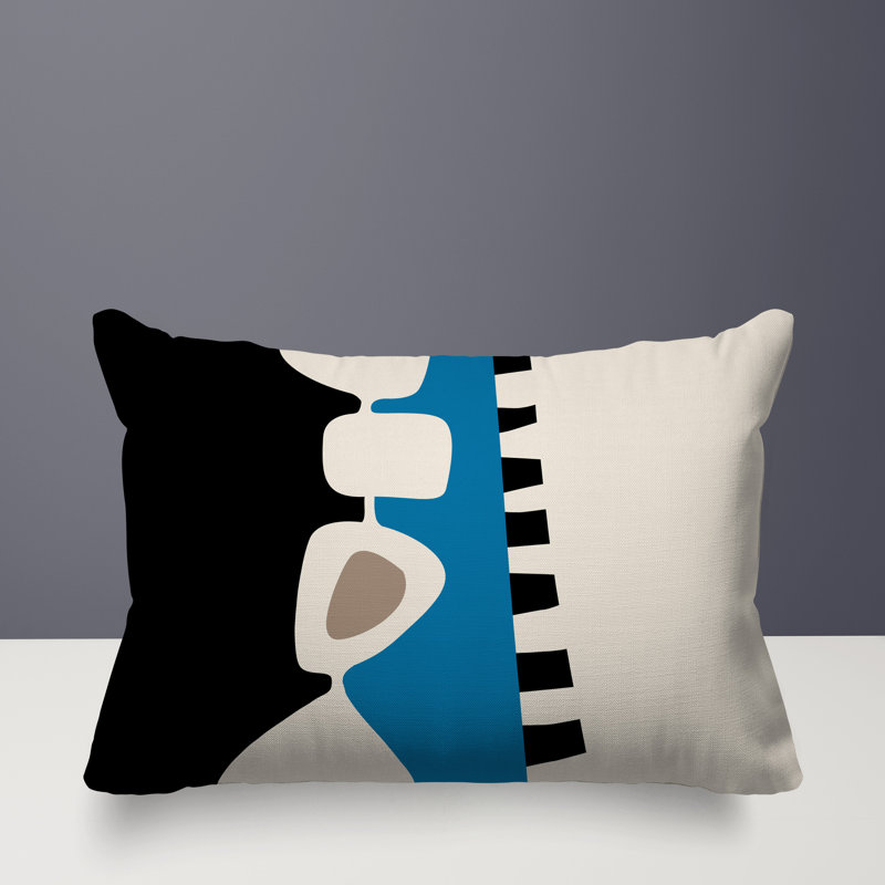 Oreiller rectangulaire réversible intérieur / extérieur Kanai, Turquoise / noir / blanc cassé, H 14 po x l 20 po