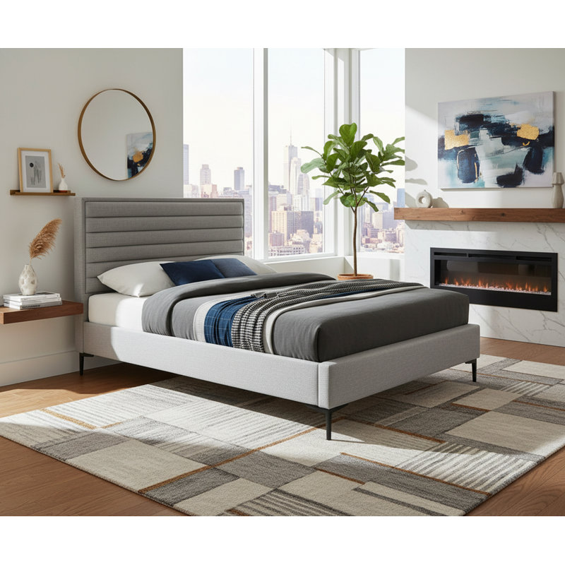 Lit plateforme Hunte, Complète, Tissu texturé en lin gris