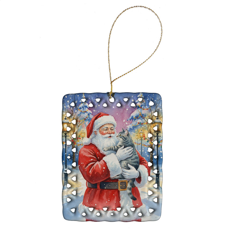 Ornement en porcelaine grise avec tabouret et père Noël, Maquereau gris tigré