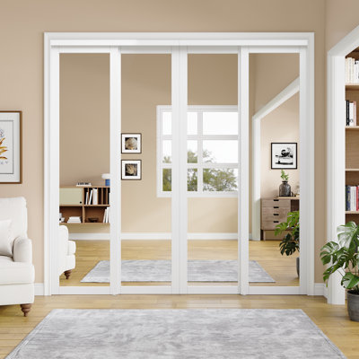 96"x 96" White 1-Panel Mirror Sliding Door with Hardware Kit And Black Recessed Handles for Closet and No Assembly Required For Closet,Pantry,Living room