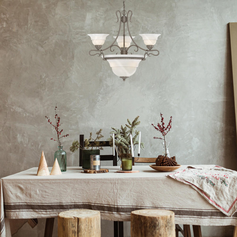 Tooborac 1796-85 Toledo 6-Light Classic/Traditional Platinum Rust Chandelier with Alabaster Glass Bowl and Bell Shades