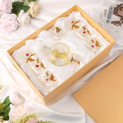 Floral Glass Tea Set, Vintage Flower Teapot Set With Gift Box, Glass Tea Kettle Set, Glass Teapot, Fancy Tea Cup, Flower Glass Mug With Coasters For Kitchen Family Gathering Home (Floral 01)