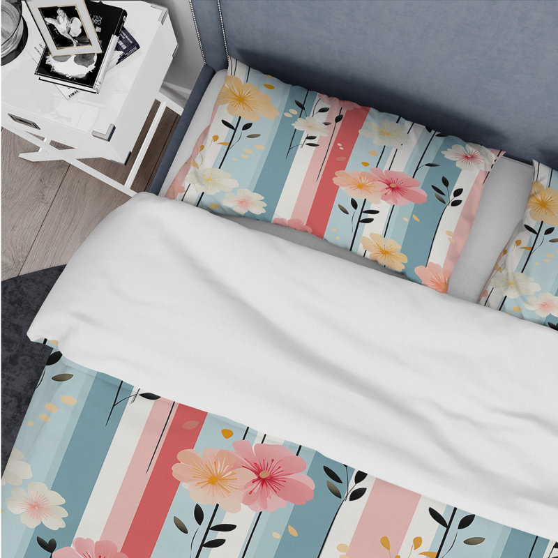 Kaceon Retro Pastel Stripes And Flowers Pattern - Floral Duvet Cover Set - Microfiber Polyester