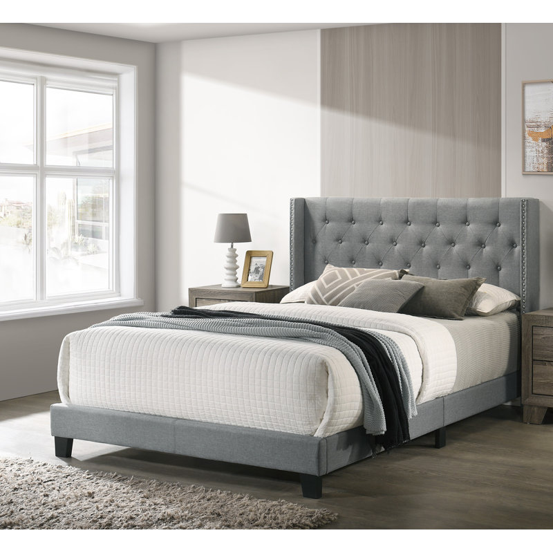 1Pc Size Bed Wingback Finish Polyester Fabric Button-Tufted Details Nailhead Trim Bedroom French Country Style, Full