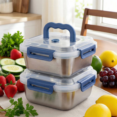 Set of 2 Stainless Steel Food Storage Containers with Blue Airtight Lids and Carry Handles, 60oz Leakproof Meal Prep Bento Boxes