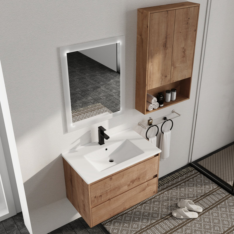 Ensemble de meuble-lavabo mural Carlysha avec plateau en céramique et tablette latérale de 24 pouces, 30"