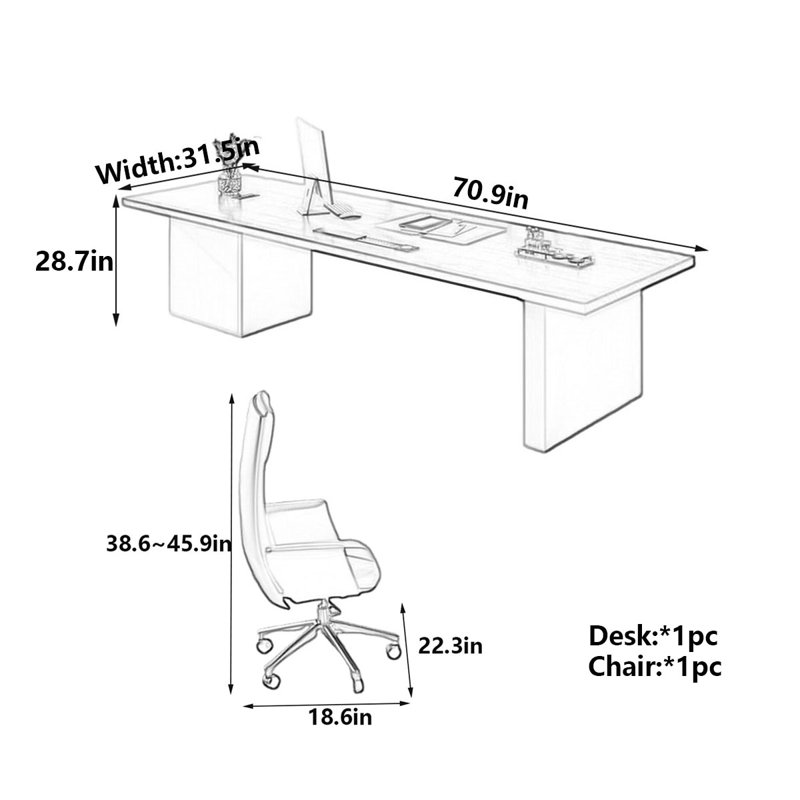 Bureau de luxe en bois massif, H 28,7 po x l 70,9 po x P 31,5 po