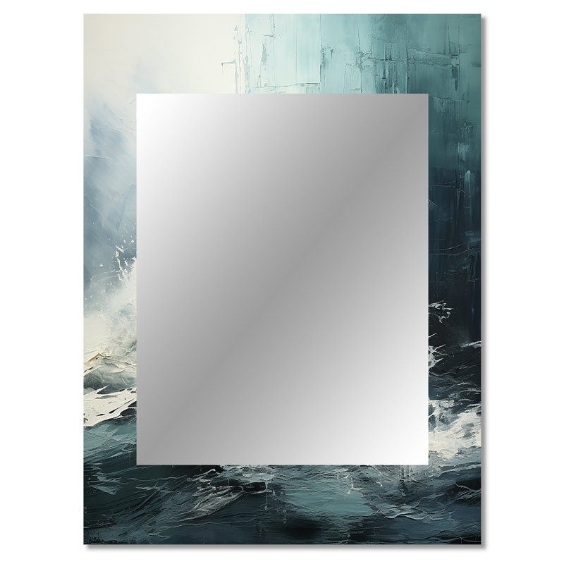 Minimalism Black And White Paint Wave IV - Coastal Wall Mirror, Blue Decorative Mirror, Printed Metal Art, 40" x 30"
