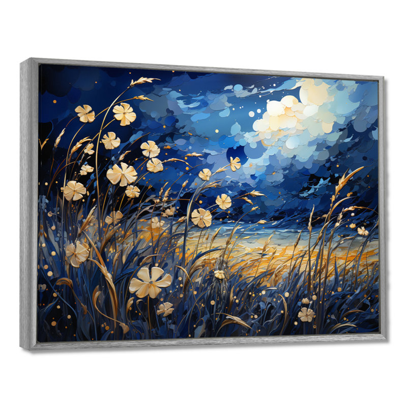 Coquelicots bleu marine - prairie, art mural, H 30 po x l 40 po x P 1,5 po, Encadrement argenté