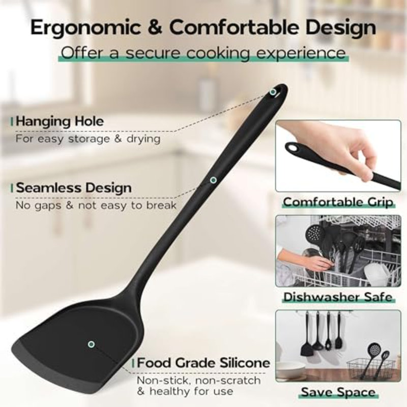 Ensemble de 6 ustensiles de cuisine en silicone noir, compatibles avec les poêles antiadhésives, non toxiques et lavables au lave-vaisselle.