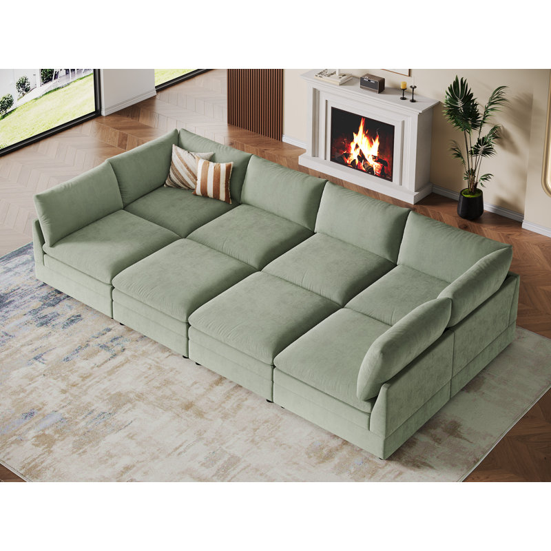Canapé-lit d'angle modulaire rembourré de 8 pièces, Chenille verte, 34.65" H x 127.56" W x 63.78" D