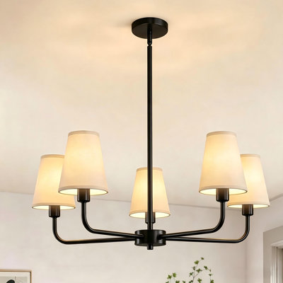 5-Light Black Chandelier with White Fabric Shades – Adjustable Pendant Lighting for Dining Room, Bedroom & Living Room