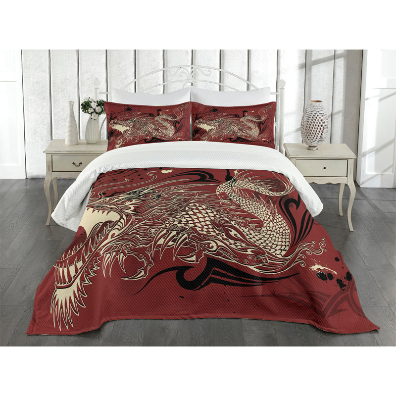 Queen Size White Quilted Bedspread Set with Dragon Design