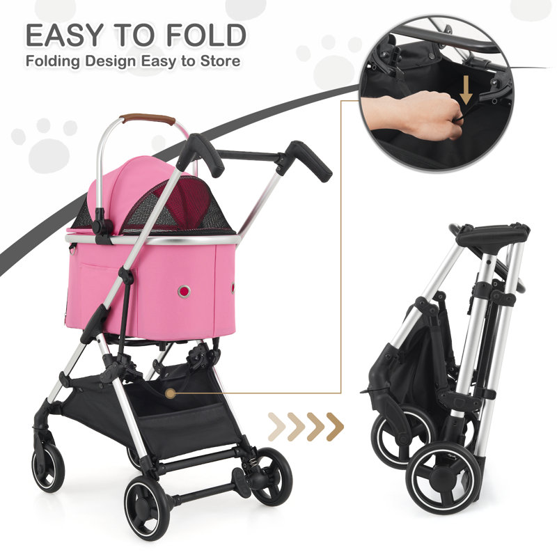 Pink Aluminum 3-in-1 Pet Stroller with Detachable Carrier