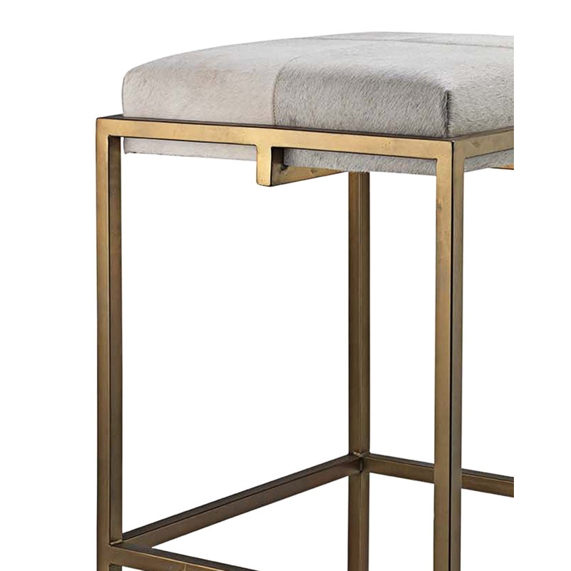 Art Deco Antique Brass Bar Stool with White Hide Cushion