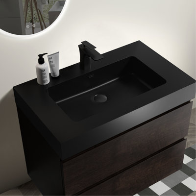 Élégant bassin en quartz noir mat avec trop-plein intégré et style élégant pour les espaces de bain