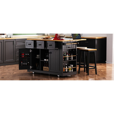 Îlot de cuisine avec 50 tables, 2 portes de grange et rangement interne, tabourets de bar noirs de 53 pouces avec 3 tiroirs, 5 côtés ouverts, roues dissimulées,