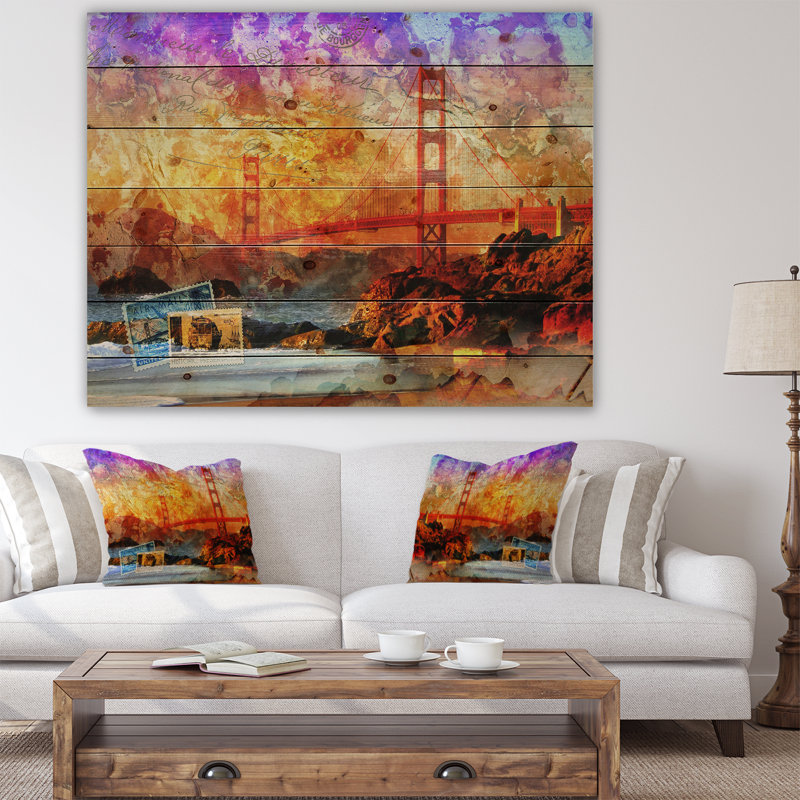 San Francisco Bridge - impression d'art graphique, H 15 po x l 20 po x P 1 po, Bois