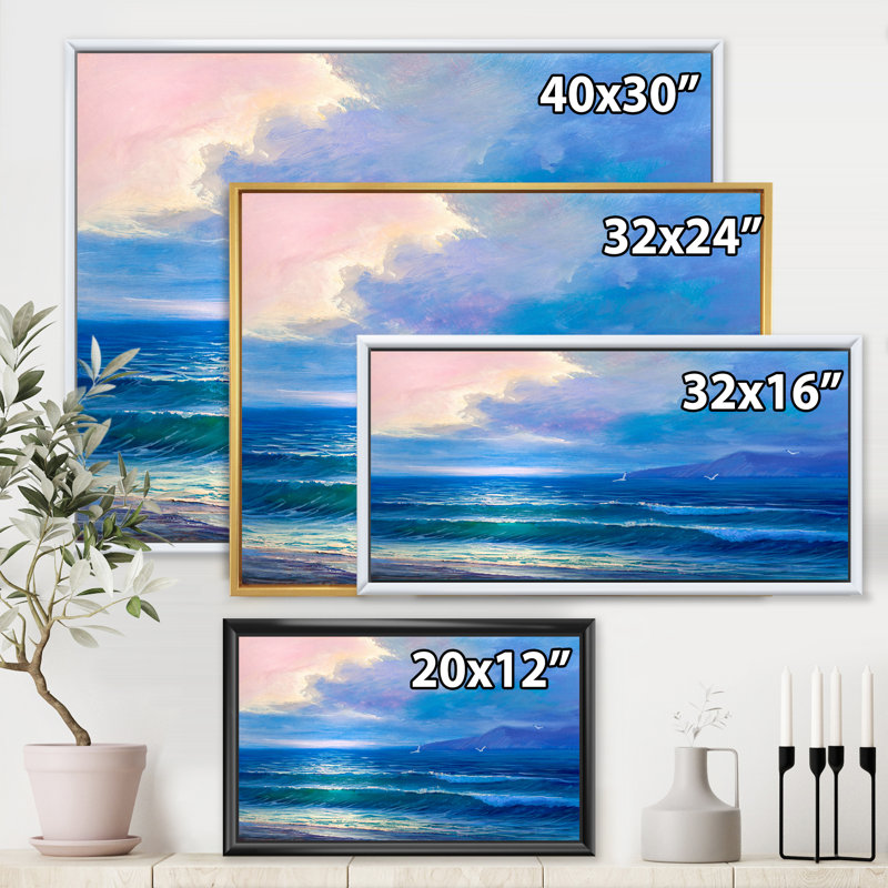 «Morning Sunlight On The Sea Waves I», peinture sur toile, H 12 po x l 20 po x p 1 po, Cadre flottant doré
