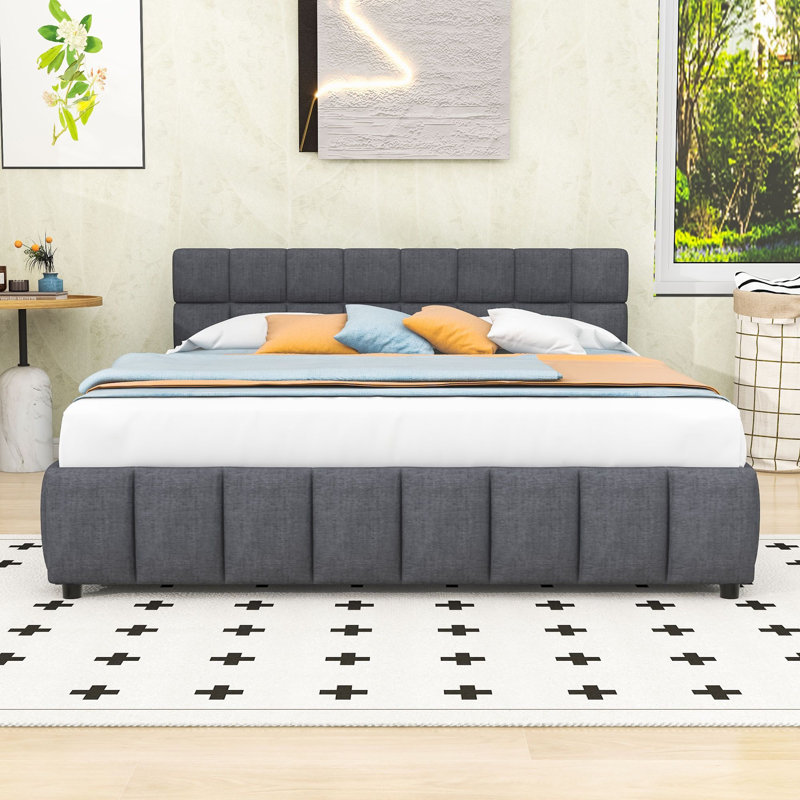 Lit plateforme rembourré Queen Size avec tête de lit capitonnée à carreaux et support central en acier, Gris