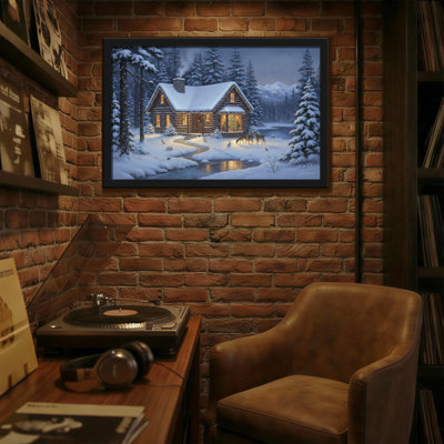 Christmas Snowy Cabin Winter Forest Deer Scene