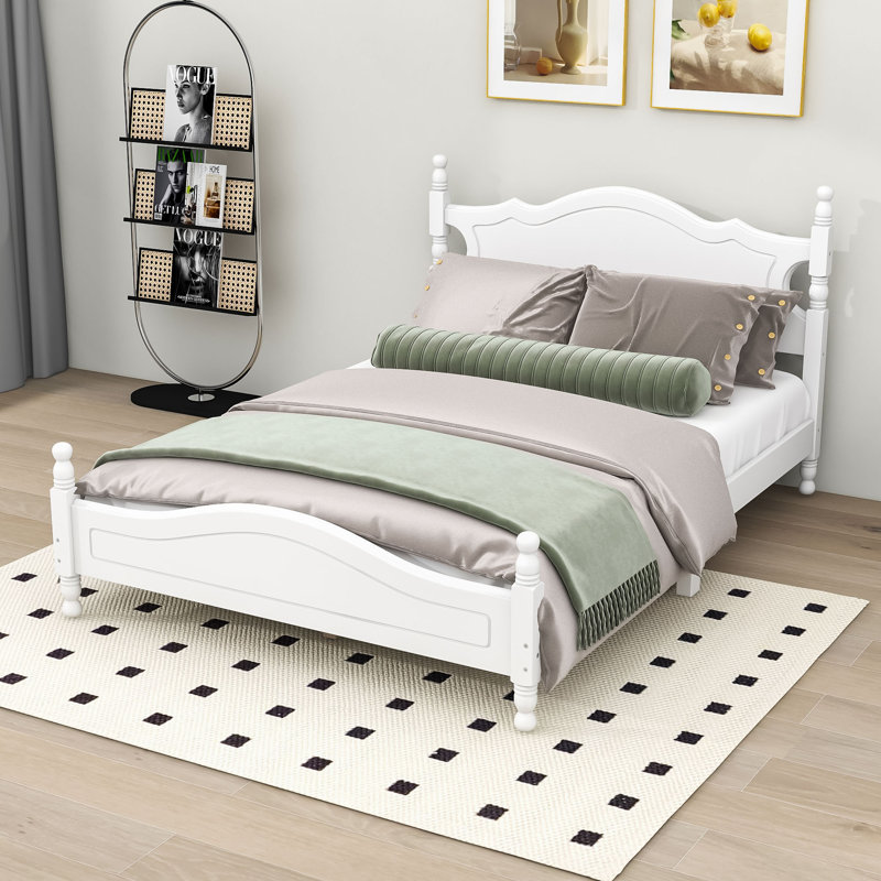 Wood Platform Bed Frame,Retro Style Platform Bed with Wooden Slat Support, Full, White