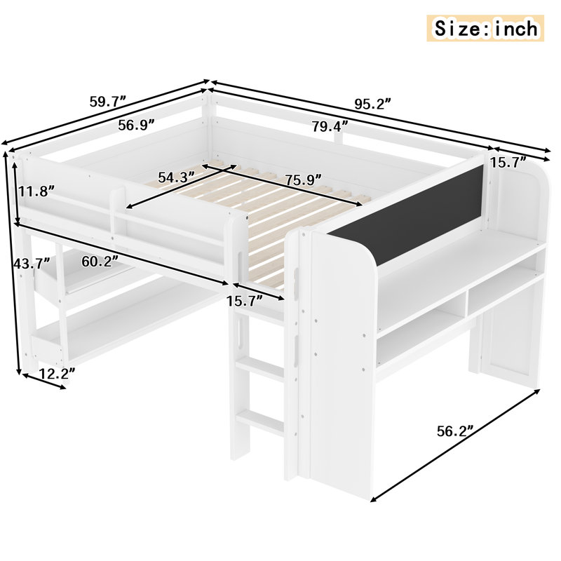 Lit mezzanine double avec bureau, bibliothèques de rangement, tiroirs et tableau noir, lit mezzanine pour enfants en bois massif, blanc
