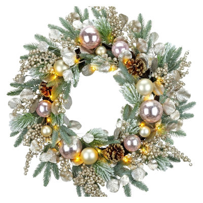 Couronne de Noël lumineuse de 50 cm (19,69 po), couronne artificielle pour porte d'entrée avec boules or rose et or, pommes de pin, branches de pin givrées et lumières DEL, décoration murale, fenêtre ou porche luxueux pour les fêtes d'hiver