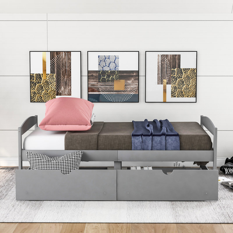 Lit plateforme exquis avec tiroirs gris - Créez une solution de rangement pratique et élégante pour la chambre à coucher