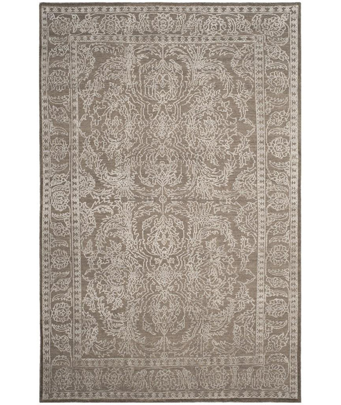 Tapis oriental en laine / soie gris pierre / perle noué à la main Fleming, Rectangle 6 pi x 9 pi