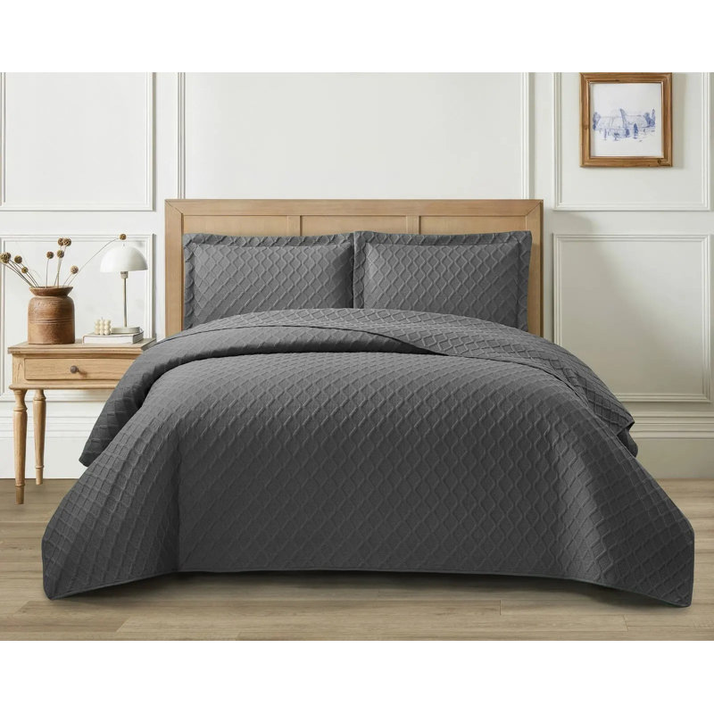 Polyester Solid Colour Bedspread with Pillow Shams Included, Double Bedspread + 2 Standard Pillowcases, Grey