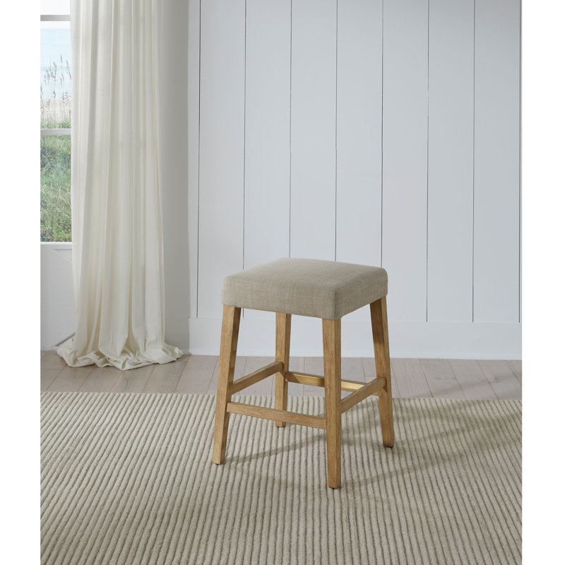 American Heritage Port Royal Upholstered Counter Stool - Sahara Sand Linen Seat with White Oak Frame & Brass Foot Plate
