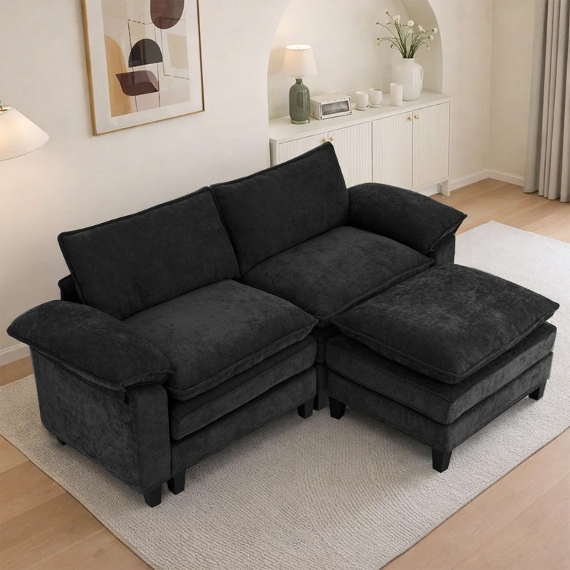 Canapé d'angle rembourré avec 1 repose-pieds, Tissu noir