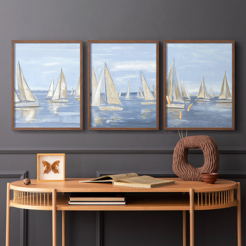 Série Sea and Shore II - Ensemble de 3 estampes numériques - Prêt à accrocher, H 10 po x l 8 po, Noyer