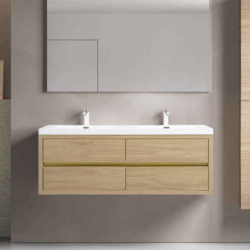 Meuble-lavabo mural 60 po, brillant, Bois naturel