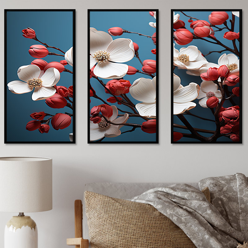 Ensemble de salon blanc et rose Dogwood Blossoms I - Dogwood, Cadre flottant noir, H 32 po x l 48 po x P 1 po