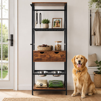 Elevated Dog Feeding Station with Storage,hooks and 3 Height Adjustable Raised Dog Bowls