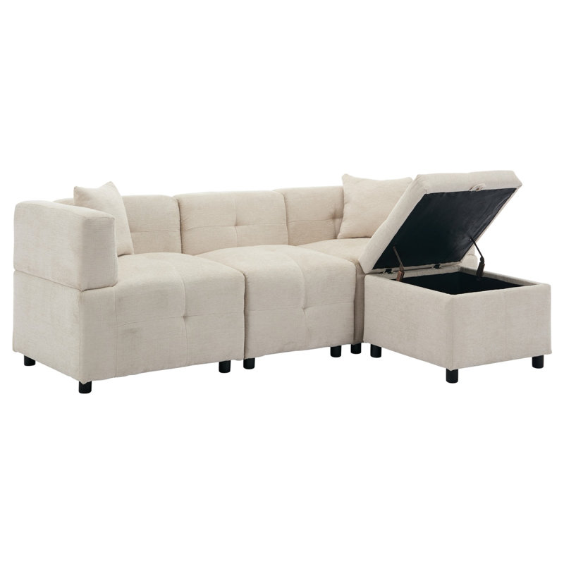 L-Shaped Sectional Sofa with Storage Ottoman, Fabric Corner Couch for Living Room and Apartment, Beige