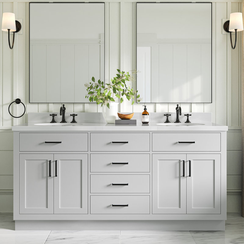 Meuble-lavabo double en bois massif 72 po Tidworth avec plateau en quartz blanc 1,5 po, Ovale, Gris