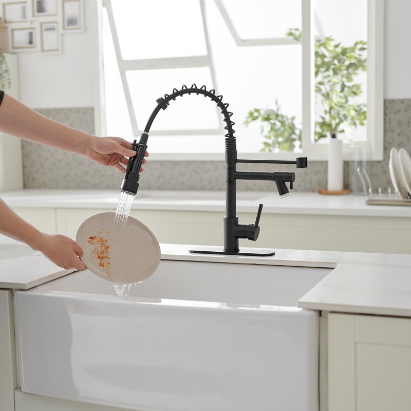 Robinet de cuisine à une poignée et douchette extractible avec lumière DEL et plaque de pont, Noir mat