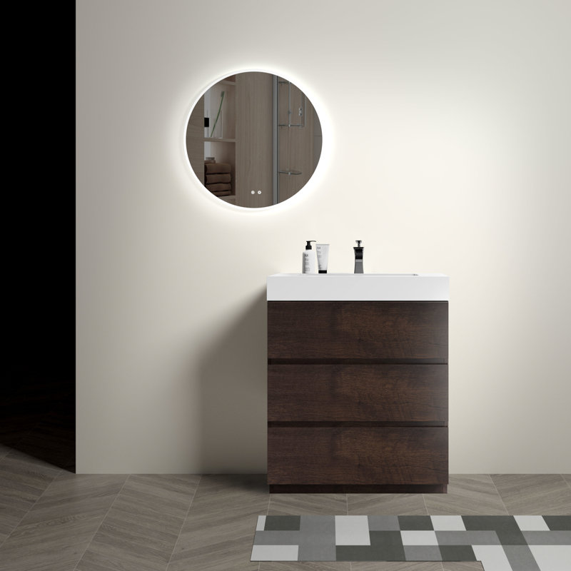 Meuble-lavabo de salle de bain - noyer de 30 po, organisation améliorée, lavabo blanc, mécanisme de tiroir silencieux en noyer, élément de rangement contemporain, grand rangement, lavabo, tiroirs
