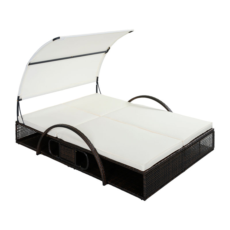 Chaise longue d'extérieur à structure en acier avec dossier réglable, lit de bronzage double avec table d'appoint cachée et accoudoirs arqués, convient pour la terrasse de la piscine, le jardin et la cour