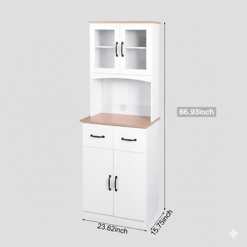 Armoire de cuisine en bois, armoire de rangement à micro-ondes avec portes en verre encadrées et tiroir