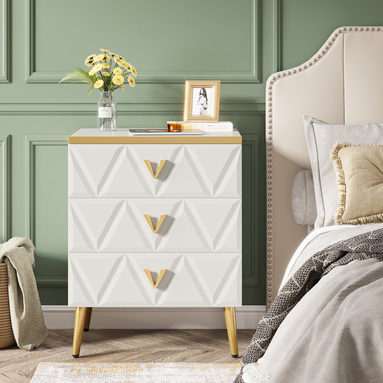 Giluta White Nightstand with 3 Drawers, Modern Night Stand with Gold Solid  Metal Legs & Handles, Wood Bedside Table, Sofa End Side Table for Bedroom